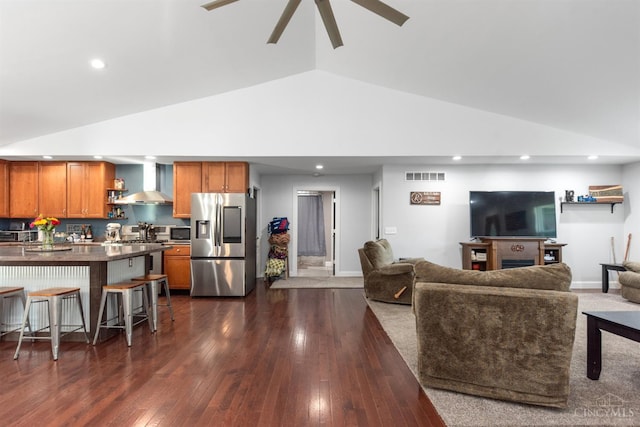 6226 Hunt Rd, Wayne Twp, OH 45118 - living area with a ceiling fan, recessed lighting, dark wood-type flooring, and high vaulted ceiling