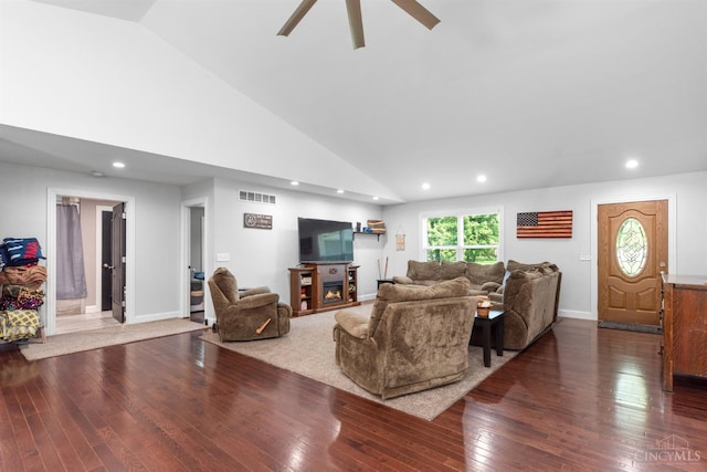 6226 Hunt Rd, Wayne Twp, OH 45118 - living room with hardwood / wood-style flooring, ceiling fan, recessed lighting, high vaulted ceiling, and a glass covered fireplace