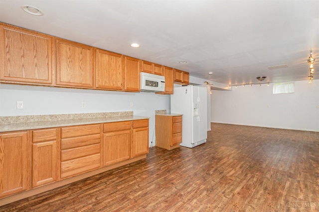 755 Jarole Dr, Union Twp, OH 45245 - kitchen featuring white appliances, dark wood finished floors, light countertops, open floor plan, and recessed lighting