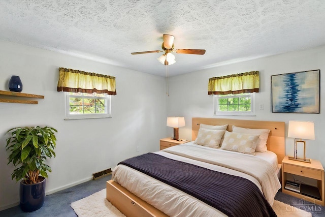1704 Ludlow Cir, Pierce Twp, OH 45102 - carpeted bedroom featuring multiple windows, a textured ceiling, and ceiling fan