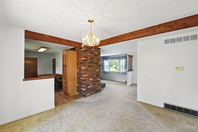 1704 Ludlow Cir, Pierce Twp, OH 45102 - empty room with carpet floors, beamed ceiling, a textured ceiling, and a chandelier