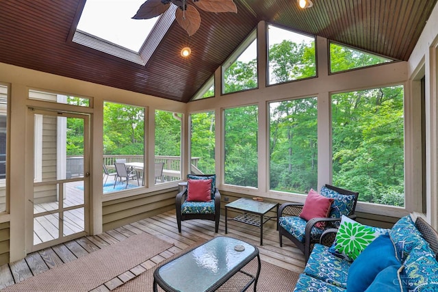 9396 Kemper Grove Ln, Symmes Twp, OH 45140 - sunroom with ceiling fan, vaulted ceiling, an outdoor hangout area, and a skylight