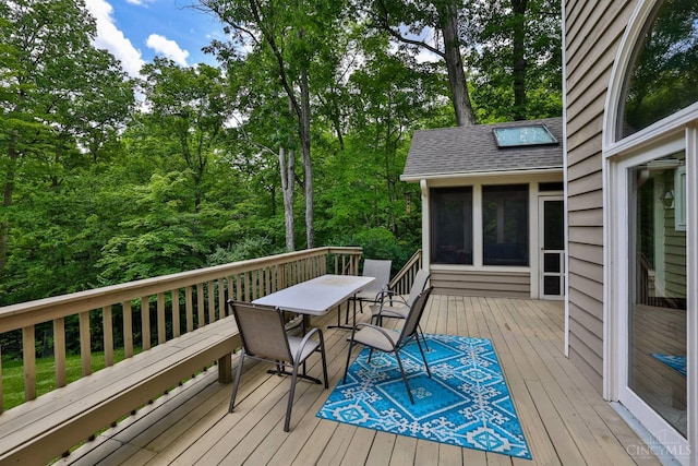 9396 Kemper Grove Ln, Symmes Twp, OH 45140 - wooden deck featuring outdoor dining space and a sunroom