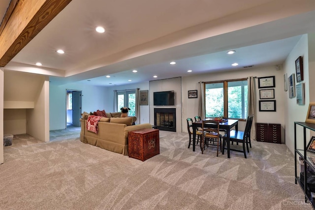 9396 Kemper Grove Ln, Symmes Twp, OH 45140 - living room with carpet floors, recessed lighting, and a large fireplace