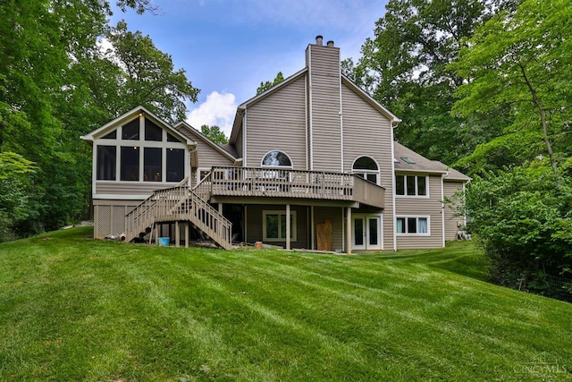 9396 Kemper Grove Ln, Symmes Twp, OH 45140 - rear view of house with stairs, a chimney, a deck, and a yard