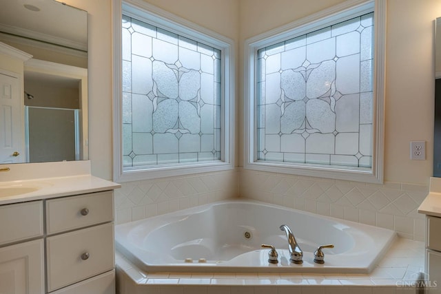 7194 Orchard View Ln, Salem Twp, OH 45152 - bathroom with vanity, a jetted tub, and an enclosed shower
