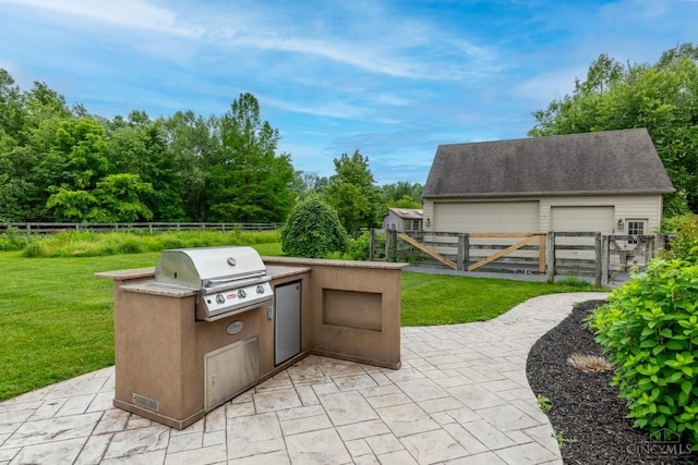 7194 Orchard View Ln, Salem Twp, OH 45152 - fenced backyard featuring exterior kitchen, a patio area, and an outbuilding