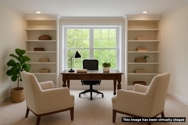 7194 Orchard View Ln, Salem Twp, OH 45152 - office area featuring carpet floors, built in shelves, crown molding, and recessed lighting