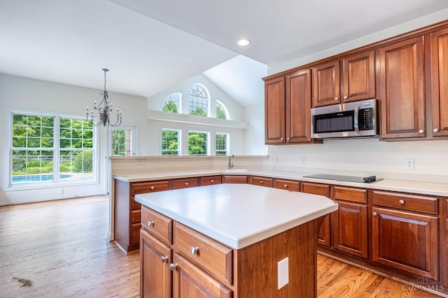 7194 Orchard View Ln, Salem Twp, OH 45152 - kitchen with stainless steel microwave, black electric cooktop, light wood finished floors, plenty of natural light, and vaulted ceiling