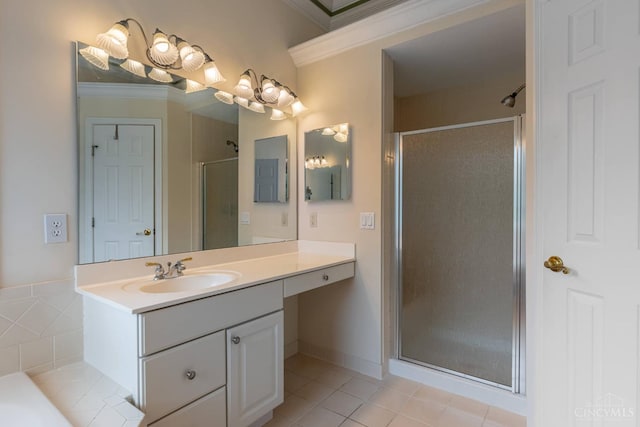 7194 Orchard View Ln, Salem Twp, OH 45152 - full bathroom featuring a shower stall, vanity, crown molding, and tile patterned flooring