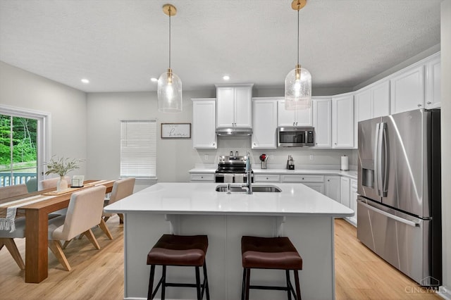 1285 Millstream Dr, Batavia Twp, OH 45102 - kitchen featuring stainless steel appliances, light wood finished floors, under cabinet range hood, light countertops, and a textured ceiling