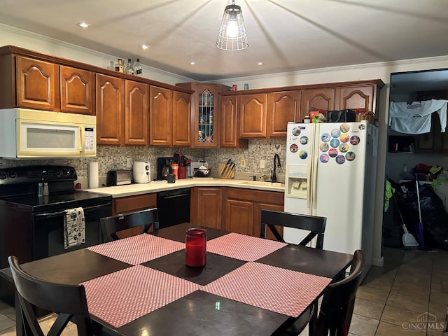 5855 Ivy Hill Rd, Hillsboro, OH 45133 - kitchen featuring black appliances, ornamental molding, backsplash, glass insert cabinets, and light countertops