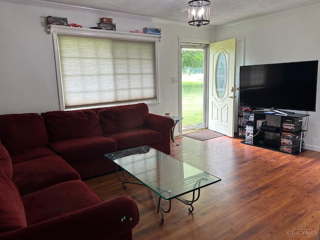 5855 Ivy Hill Rd, Hillsboro, OH 45133 - living room featuring crown molding, wood finished floors, and a textured ceiling