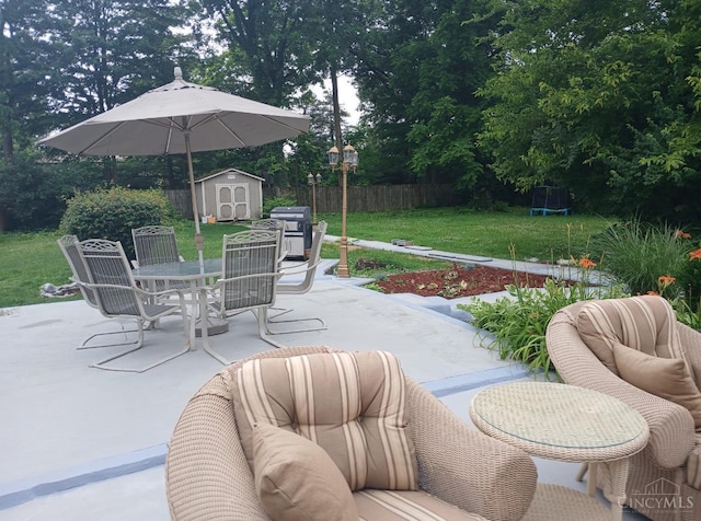 3969 S Fordham Pl, Silverton, OH 45213 - fenced backyard featuring a storage unit, a patio, outdoor dining area, and a grill
