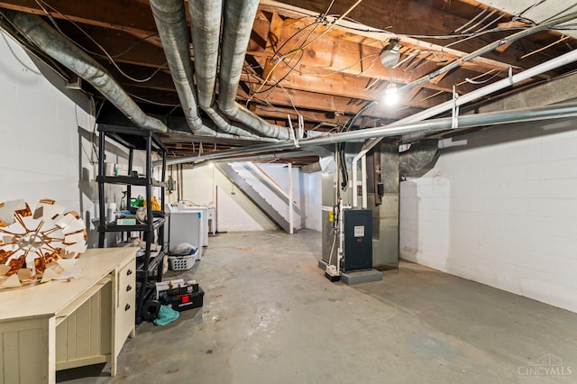405 Hyde Park Dr, Hamilton, OH 45013 - unfinished basement with heating unit, washer / dryer, and concrete block wall