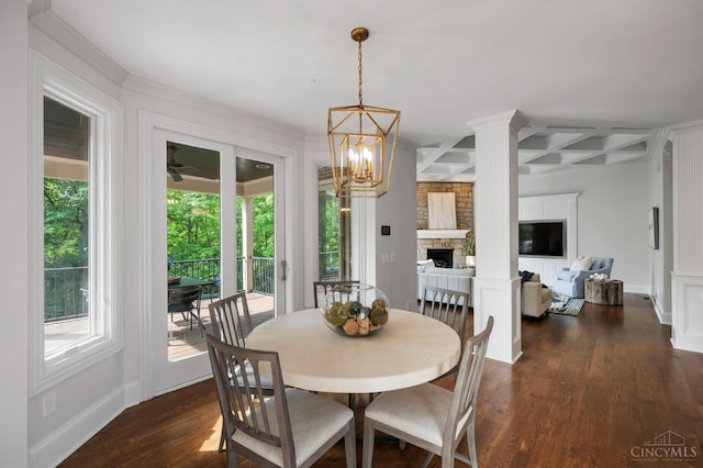 9317 E Kemper Rd, Symmes Twp, OH 45140 - dining room with coffered ceiling, dark wood-style floors, a fireplace, a chandelier, and beamed ceiling