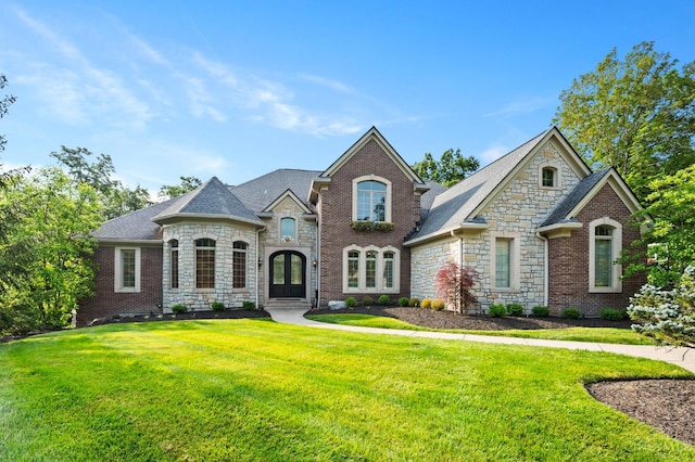 9317 E Kemper Rd, Symmes Twp, OH 45140 - french country style house with stone siding, a front yard, french doors, and brick siding