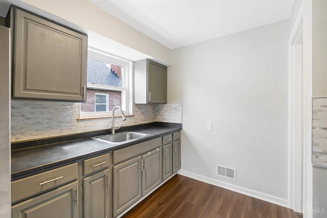 5521 Chandler St, Cincinnati, OH 45227 - kitchen with dark countertops, dark wood-type flooring, backsplash, and gray cabinets
