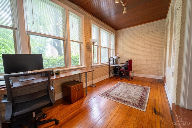 3896 Reading Rd Unit M, Cincinnati, OH 45229 - home office with wood-type flooring, track lighting, brick wall, and wood ceiling