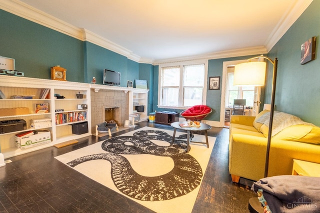 3896 Reading Rd Unit M, Cincinnati, OH 45229 - living area featuring crown molding, wood finished floors, and a brick fireplace
