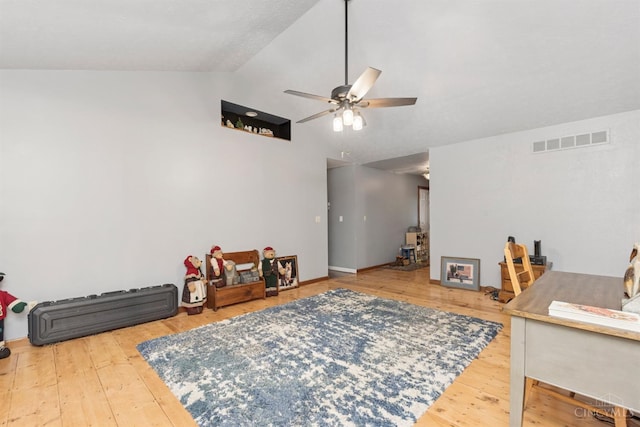 648 Odenwald Dr, Perry Twp, OH 45118 - office featuring ceiling fan, hardwood / wood-style floors, and high vaulted ceiling