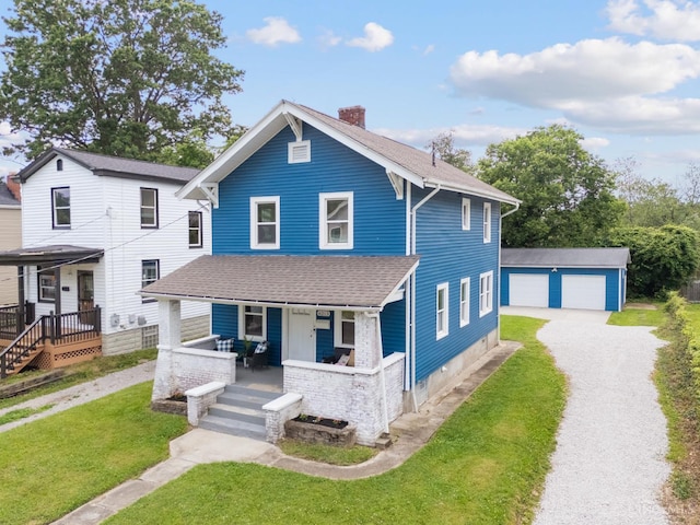 6213 Coleridge Ave, Cincinnati, OH 45213 - traditional style home with covered porch, an outbuilding, a chimney, a front lawn, and a detached garage