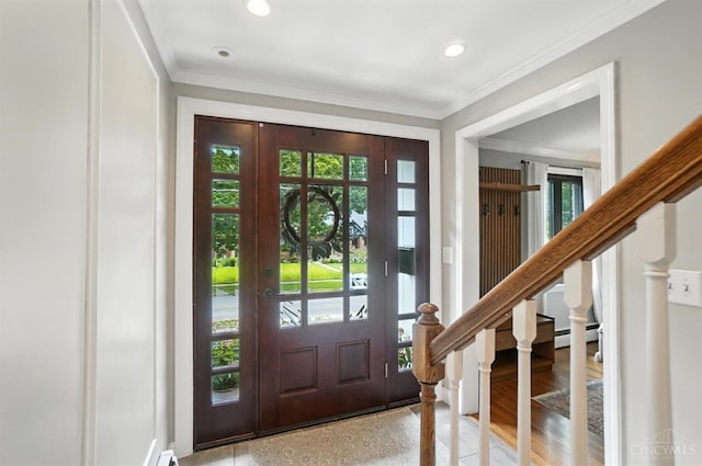 3862 Settle Rd, Mariemont, OH 45227 - foyer entrance featuring stairs, a baseboard heating unit, recessed lighting, and ornamental molding