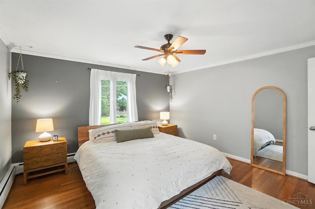 3862 Settle Rd, Mariemont, OH 45227 - bedroom with a baseboard heating unit, crown molding, wood finished floors, a ceiling fan, and a baseboard radiator