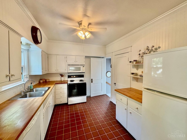 2617 Milton Rd, Middletown, OH 45042 - kitchen featuring white appliances, open shelves, white cabinetry, ceiling fan, and crown molding