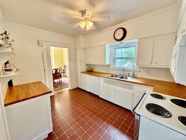 2617 Milton Rd, Middletown, OH 45042 - kitchen with white appliances, butcher block countertops, ornamental molding, a ceiling fan, and white cabinets