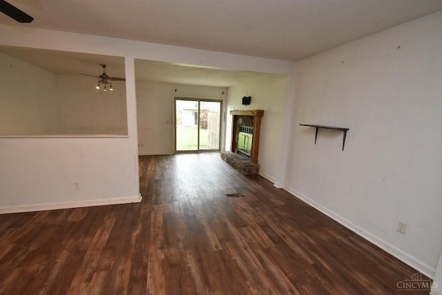 4923 Columbia Cir Unit 139, West Chester, OH 45011 - unfurnished living room featuring a ceiling fan, wood finished floors, and a stone fireplace
