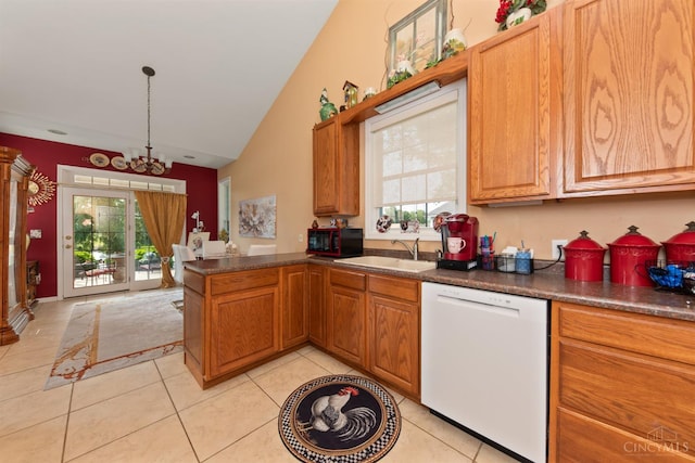 440 Waynoka Dr, Franklin Twp, OH 45171 - kitchen featuring white dishwasher, black microwave, a peninsula, healthy amount of natural light, and high vaulted ceiling