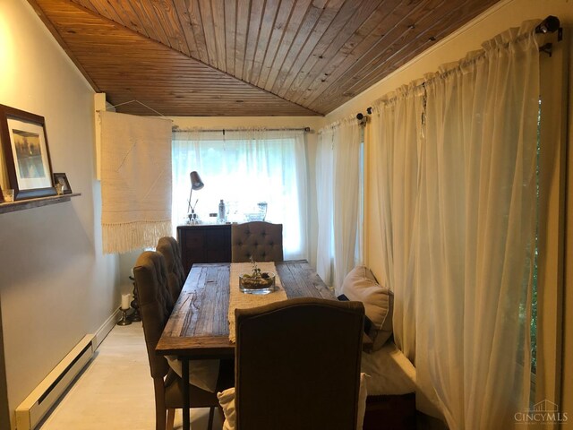 316 W S St, Hillsboro, OH 45133 - dining room featuring baseboard heating, wooden ceiling, vaulted ceiling, and wood finished floors