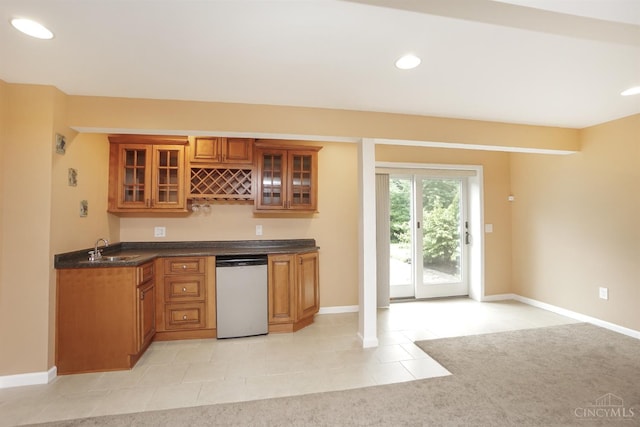 3779 Windyhollow Way, Mason, OH 45040 - kitchen with brown cabinets, dishwasher, glass insert cabinets, recessed lighting, and dark countertops