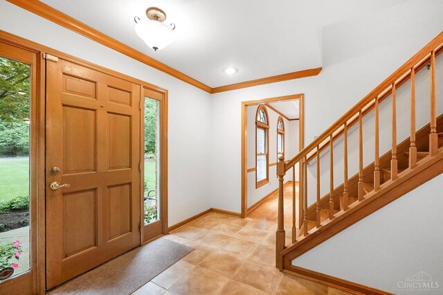 3057 Fox Den Ln, Anderson Twp, OH 45244 - foyer entrance with stairway, light tile patterned floors, crown molding, and recessed lighting