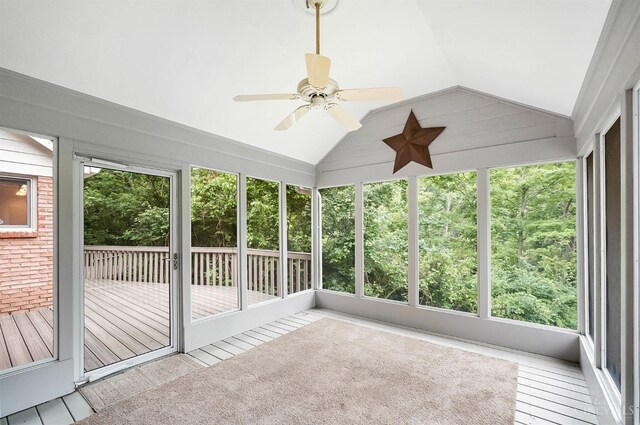 3057 Fox Den Ln, Anderson Twp, OH 45244 - unfurnished sunroom featuring a ceiling fan, lofted ceiling, and healthy amount of natural light