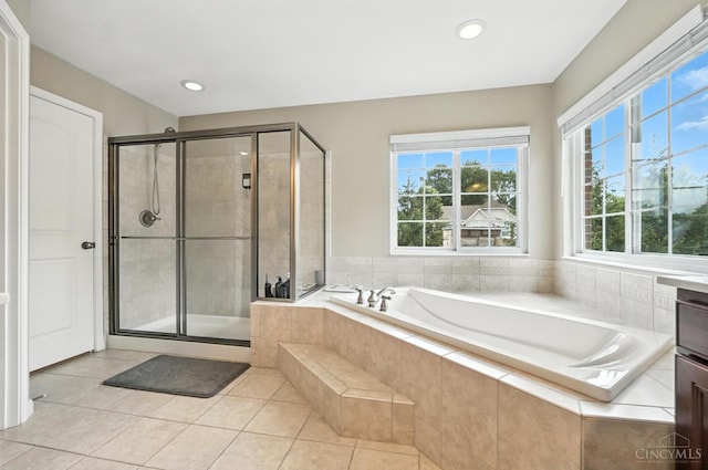 10285 Plantation Pointe Dr, Symmes Twp, OH 45140 - full bathroom with a bath, a shower stall, tile patterned flooring, vanity, and recessed lighting