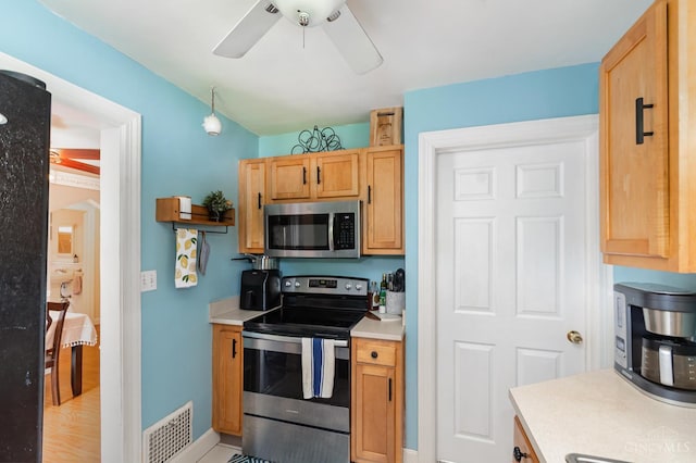 6579 Sherman Ave, Anderson Twp, OH 45230 - kitchen with appliances with stainless steel finishes, light countertops, ceiling fan, and light wood finished floors