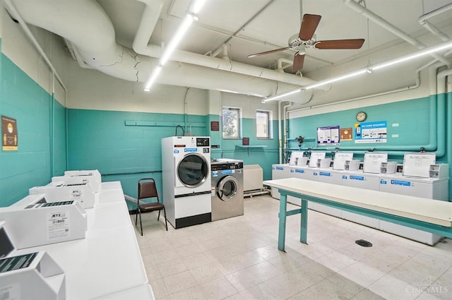 2401 Ingleside Ave Unit 8D, Cincinnati, OH 45206 - community laundry room featuring independent washer and dryer, ceiling fan, and concrete block wall