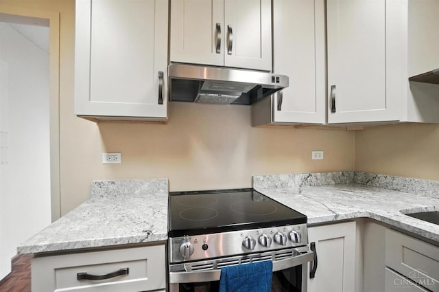 2401 Ingleside Ave Unit 8D, Cincinnati, OH 45206 - kitchen with stainless steel electric stove, ventilation hood, light stone counters, and white cabinetry
