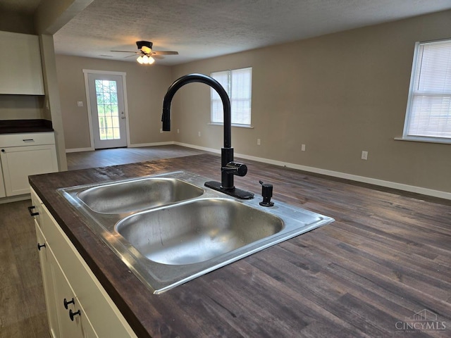 423 Howard St, Wilmington, OH 45177 - detailed view of white cabinetry, dark wood-style flooring, ceiling fan, a textured ceiling, and butcher block countertops