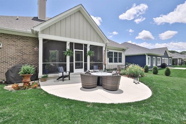 1439 Legacy Ct, Troy, OH 45373 - rear view of house featuring board and batten siding, a patio, a yard, and a chimney