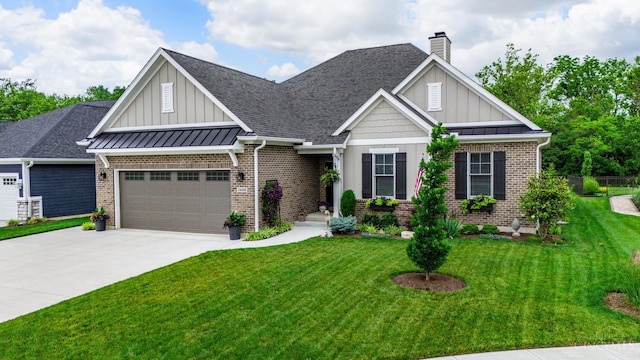 1439 Legacy Ct, Troy, OH 45373 - craftsman-style home with board and batten siding, brick siding, an attached garage, a chimney, and concrete driveway