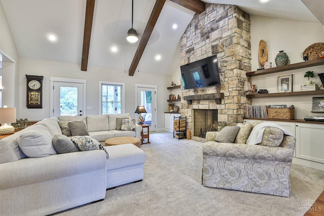 1439 Legacy Ct, Troy, OH 45373 - carpeted living room featuring beamed ceiling, recessed lighting, high vaulted ceiling, and a fireplace
