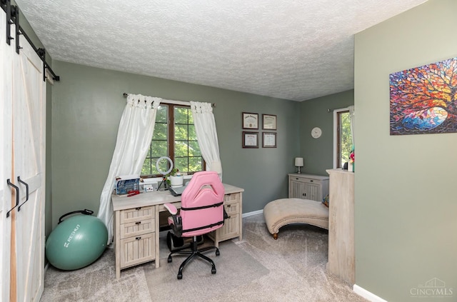 501 Tara Oaks Dr, Middletown, OH 45042 - home office featuring healthy amount of natural light, light carpet, a barn door, and a textured ceiling