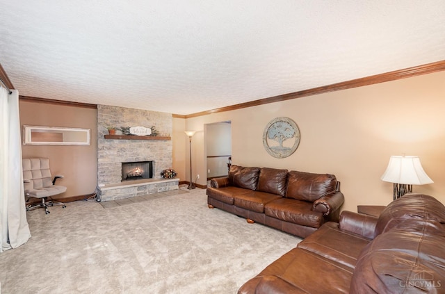 501 Tara Oaks Dr, Middletown, OH 45042 - living area featuring crown molding, a stone fireplace, carpet floors, and a textured ceiling