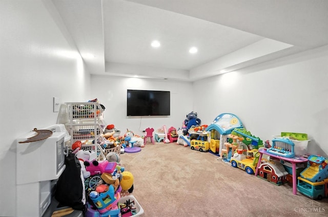 4870 Highland Oaks Dr, Green Twp, OH 45248 - game room featuring a raised ceiling, carpet flooring, and recessed lighting