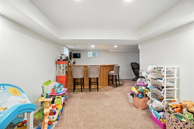 4870 Highland Oaks Dr, Green Twp, OH 45248 - game room with carpet flooring, recessed lighting, and a dry bar