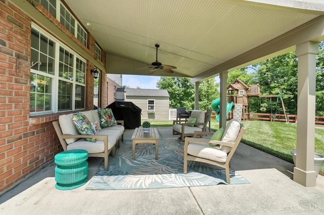 4870 Highland Oaks Dr, Green Twp, OH 45248 - view of patio featuring outdoor lounge area, ceiling fan, a playground, and grilling area
