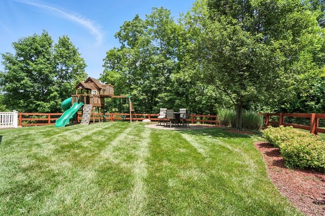 4870 Highland Oaks Dr, Green Twp, OH 45248 - fenced backyard with a playground and view of wooded area